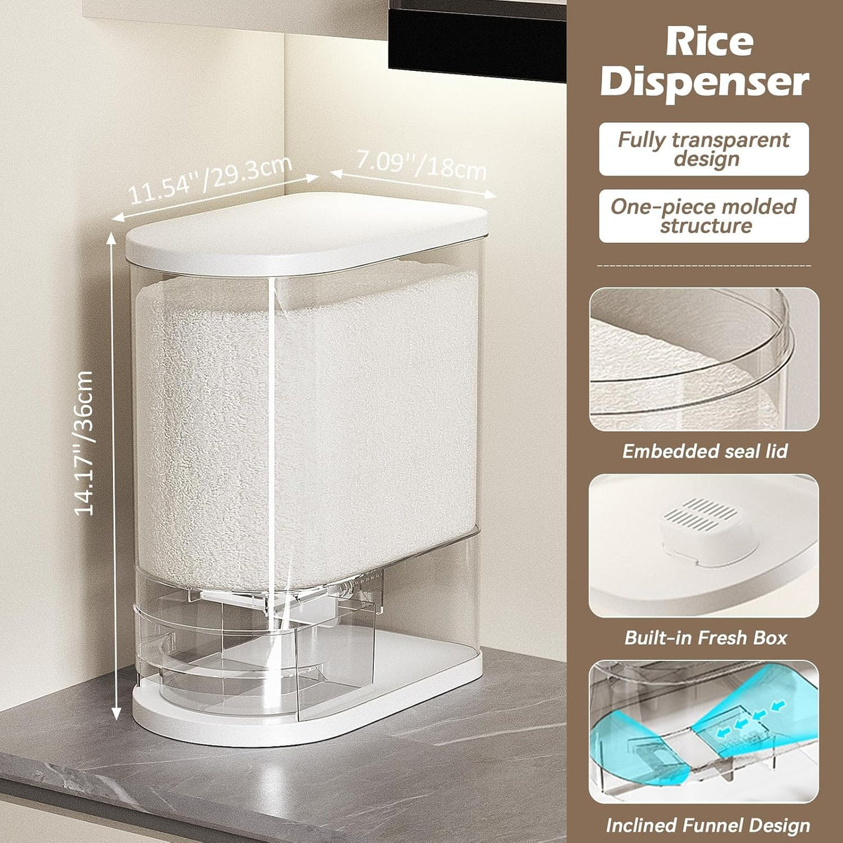 Rice Dispenser, 22-25 Lbs, Airtight Rice Container, Measuring Cup