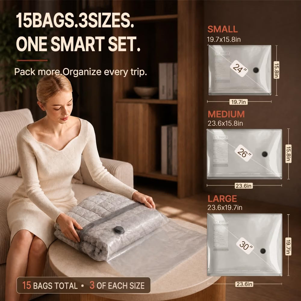 Vacbird Travel Vacuum Bags with Rechargeable Pump, Carry-On Space Saver