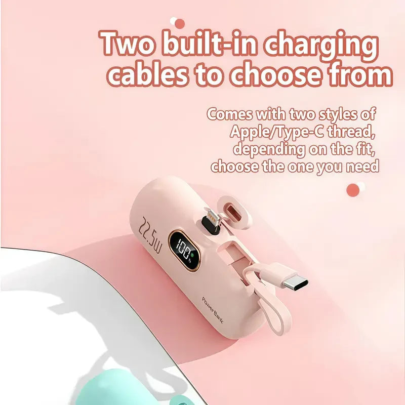5000mAh Mini Portable Charger with 22.5W Output, Features Two USB Ports (Type-C & USB-A) and Digital Power Display for Accurate Monitoring, Compact and Lightweight Design Ensures Easy Portability
