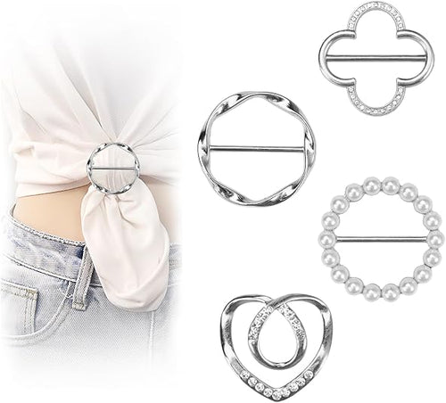 4PCS Women’s Scarf Ring Clips, Metal Round T-Shirt Tie Buckles, Stylish Shirt Knot Clips for Dresses, Scarves and Clothing Corners